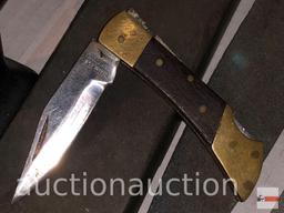 Hunting - 2 Pocketknives, hunting Bowie knife, sharpener, 3 honing stones
