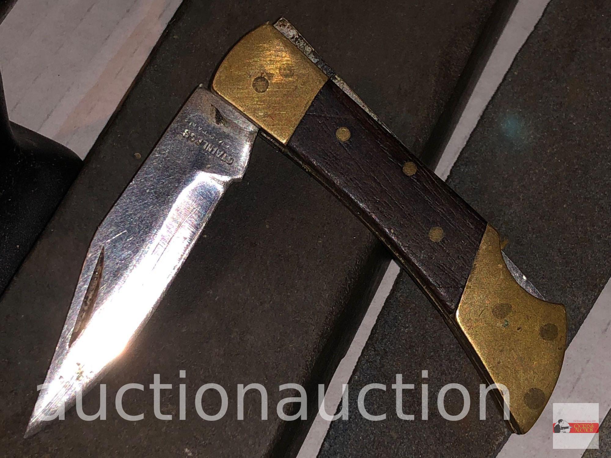 Hunting - 2 Pocketknives, hunting Bowie knife, sharpener, 3 honing stones