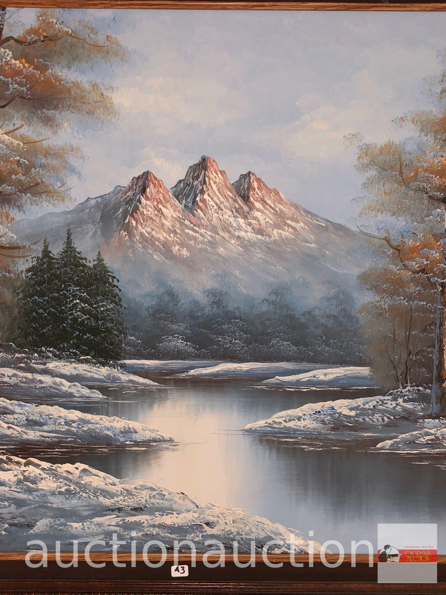 Artwork - Print, winter landscape by Herman, wood framed, 43.5"wx42"hx1.5"d