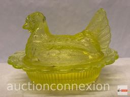 Glassware - Yellow Vaseline glass??? chicken in a basket dish