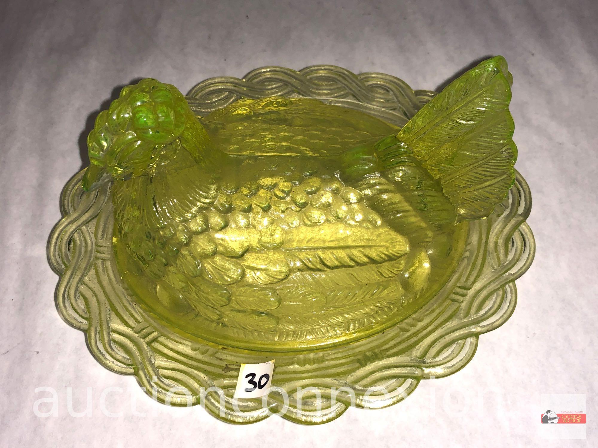Glassware - Yellow Vaseline glass??? chicken in a basket dish