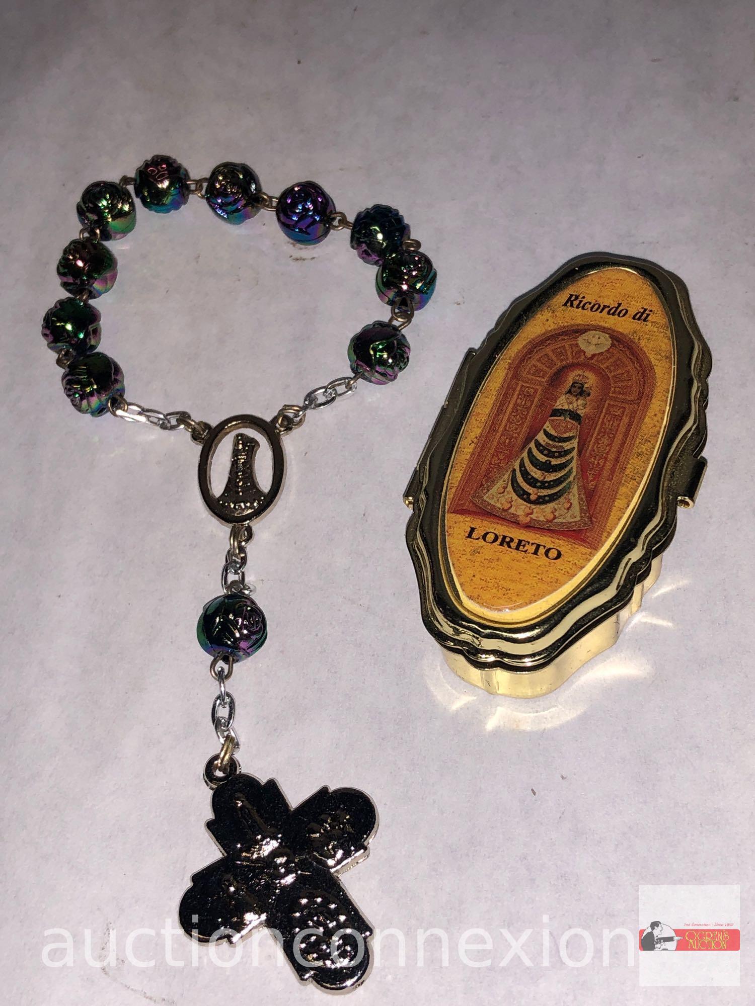 Religious - child's rosary bracelet and Ricordo di Loreto tin