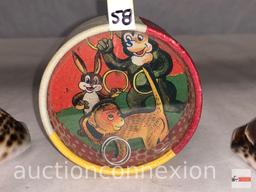 2 carved top sea shells and vintage toy made in occupied Japan