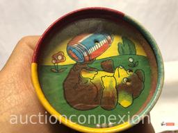 2 carved top sea shells and vintage toy made in occupied Japan