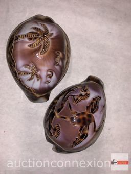2 carved top sea shells and vintage toy made in occupied Japan