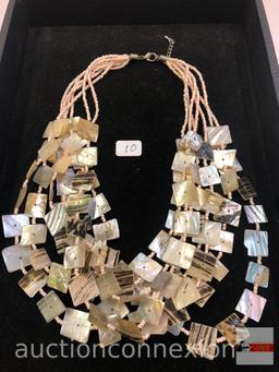 Jewelry - Necklace, Multi strand mother of pearl square & round beads, 9.5"h