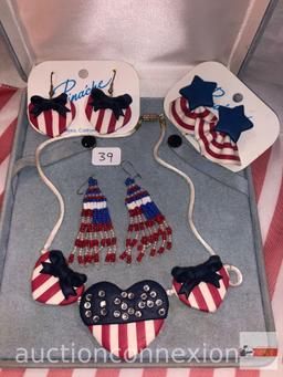 Jewelry - USA necklace, 3 pr. earrings and flag scarf
