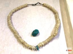 Jewelry - Necklace, 11", small white stones w/ 1 turquoise stone and 1 turquoise stone trade bead