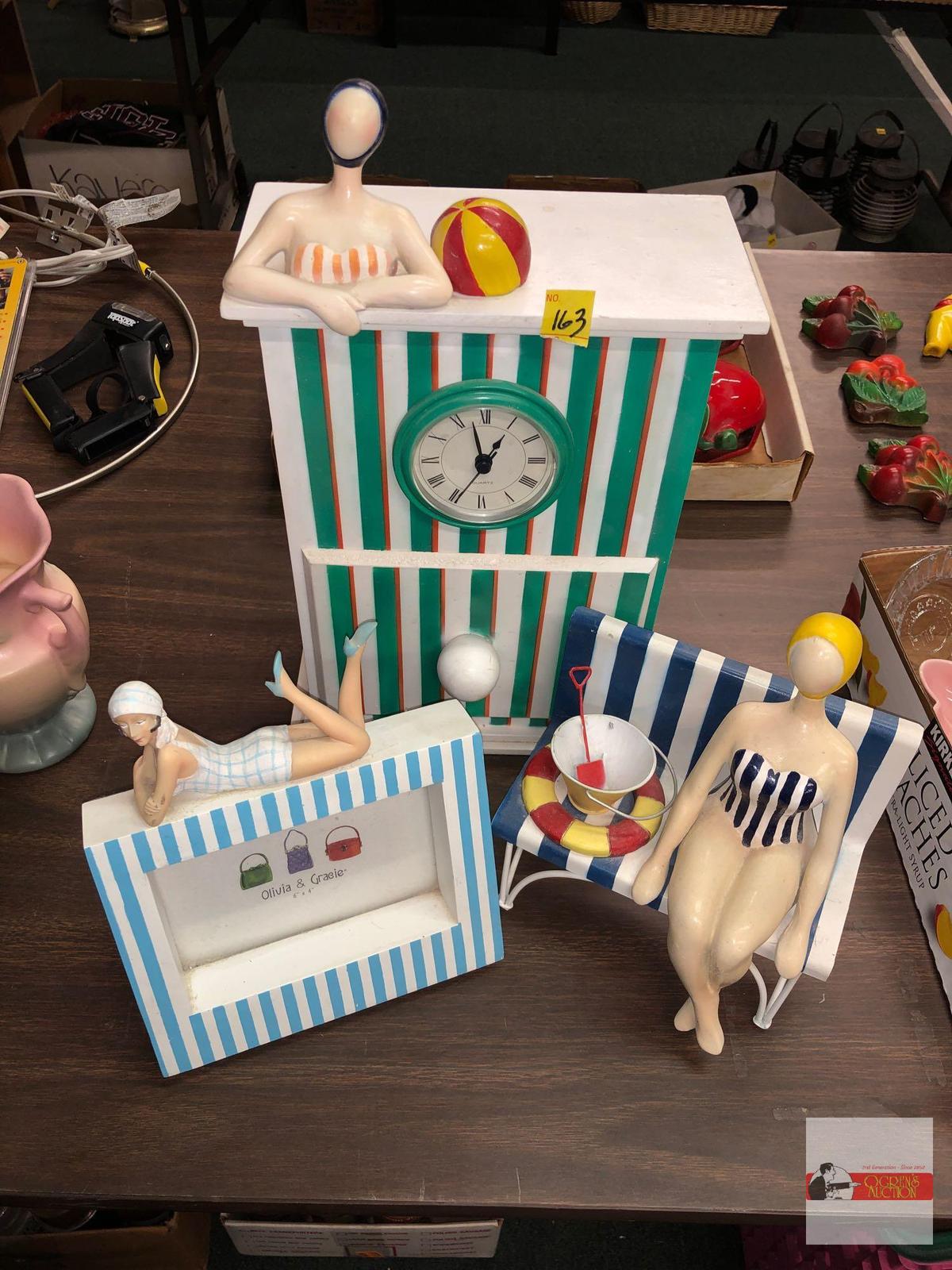 Decor accent items - 4 Swimming motif - Frame, bench, half girl & sm. single drawer cabinet w/clock