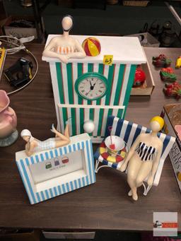Decor accent items - 4 Swimming motif - Frame, bench, half girl & sm. single drawer cabinet w/clock