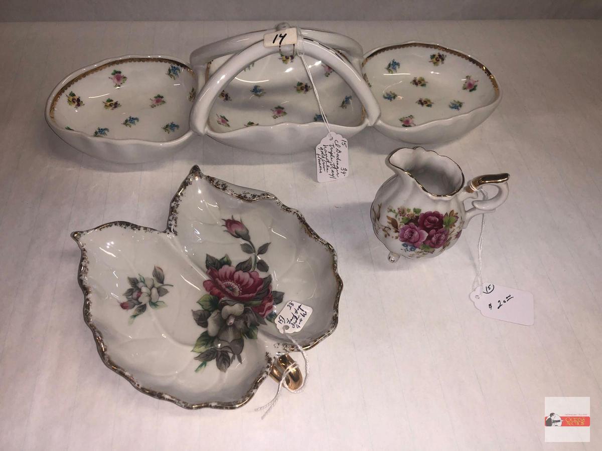 China - 3 - Godinger triple server 15.5"wx4.75"w, Double leaf server 6.25"wx7"w, creamer 3.5"h