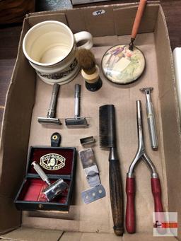 Vintage vanity items - razors, shaving mug w/brush and mirror lid, curling iron