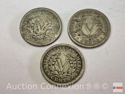 Coins - 3 "V" nickels 1884, 1899, 1906