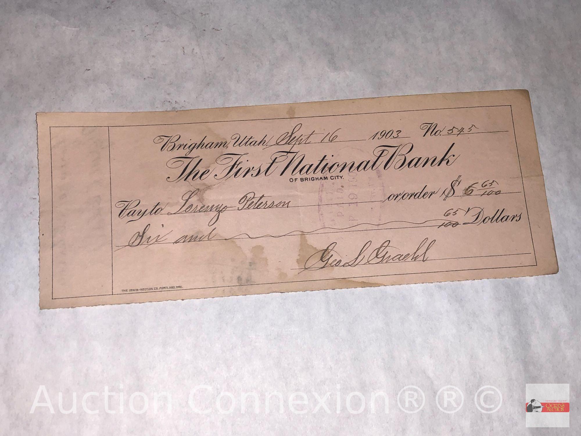 Ephemera - vintage late 1800's Utah checks, Becker Brewing & Malting