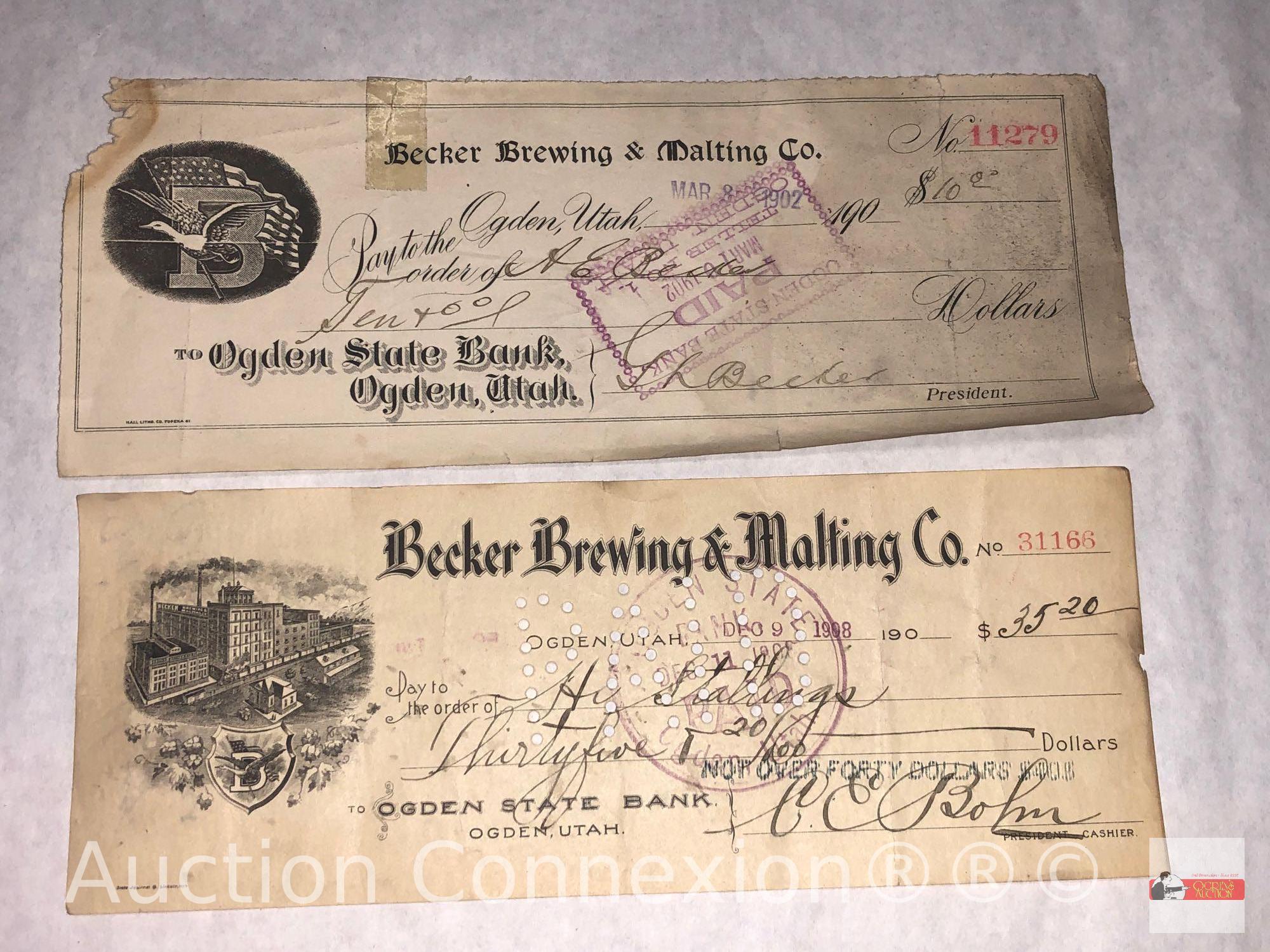 Ephemera - vintage late 1800's Utah checks, Becker Brewing & Malting