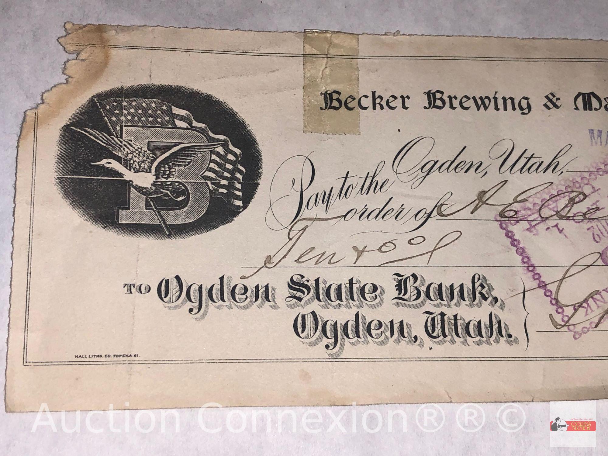 Ephemera - vintage late 1800's Utah checks, Becker Brewing & Malting