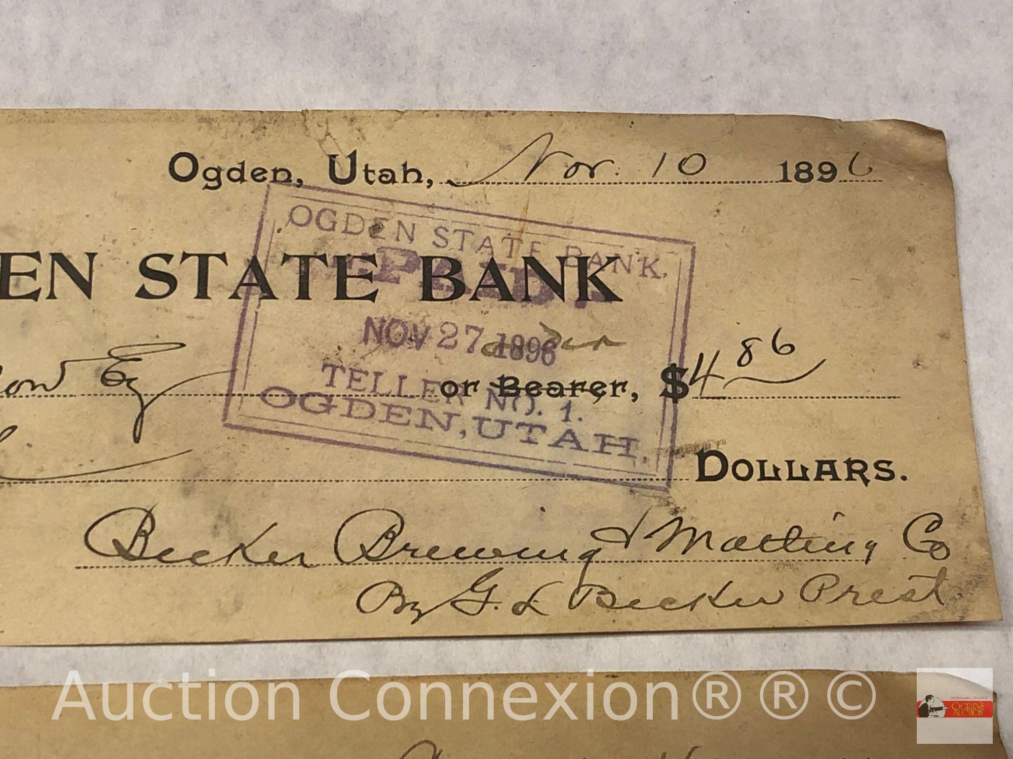 Ephemera - vintage late 1800's Utah checks, Becker Brewing & Malting