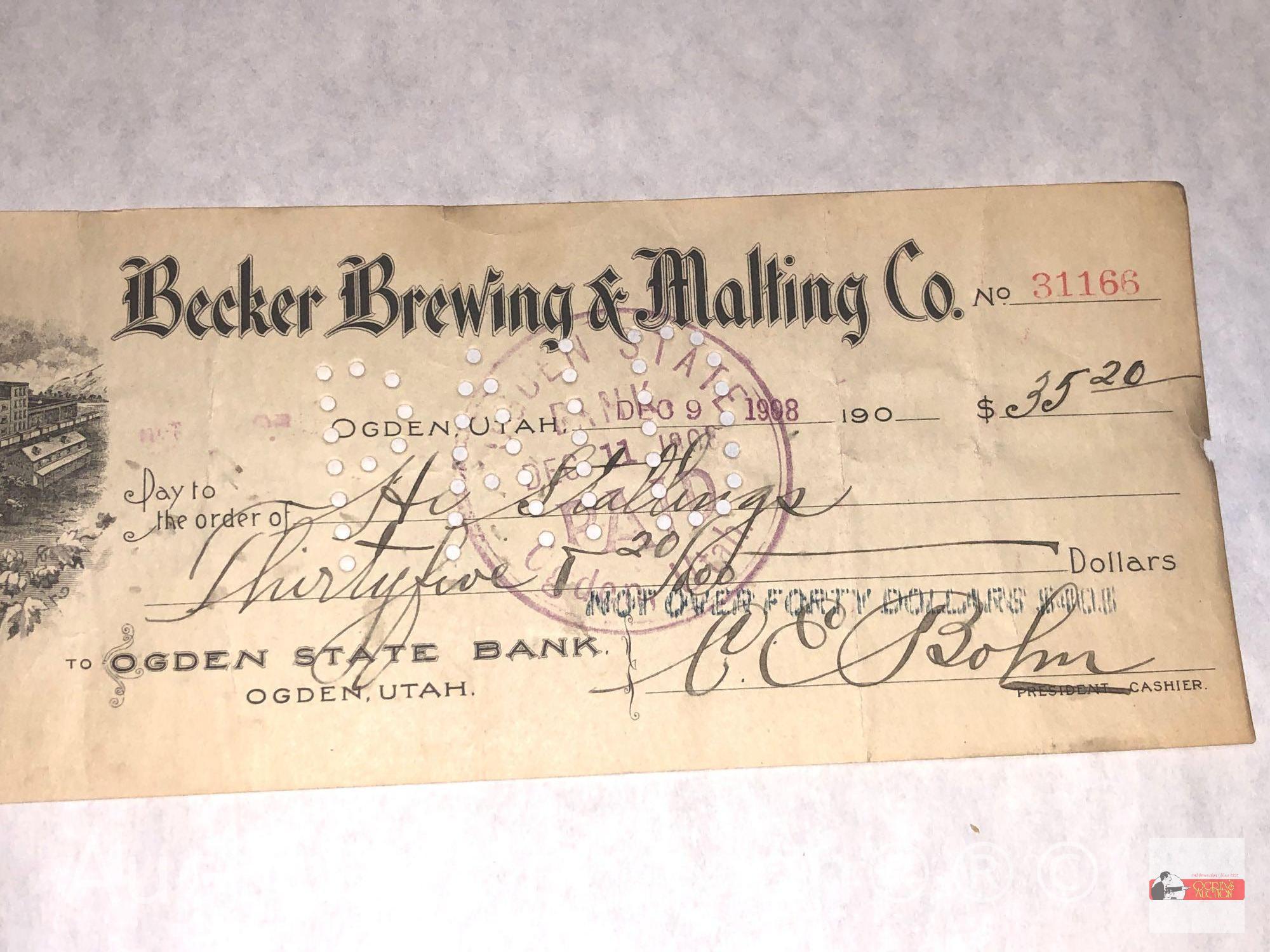 Ephemera - vintage late 1800's Utah checks, Becker Brewing & Malting