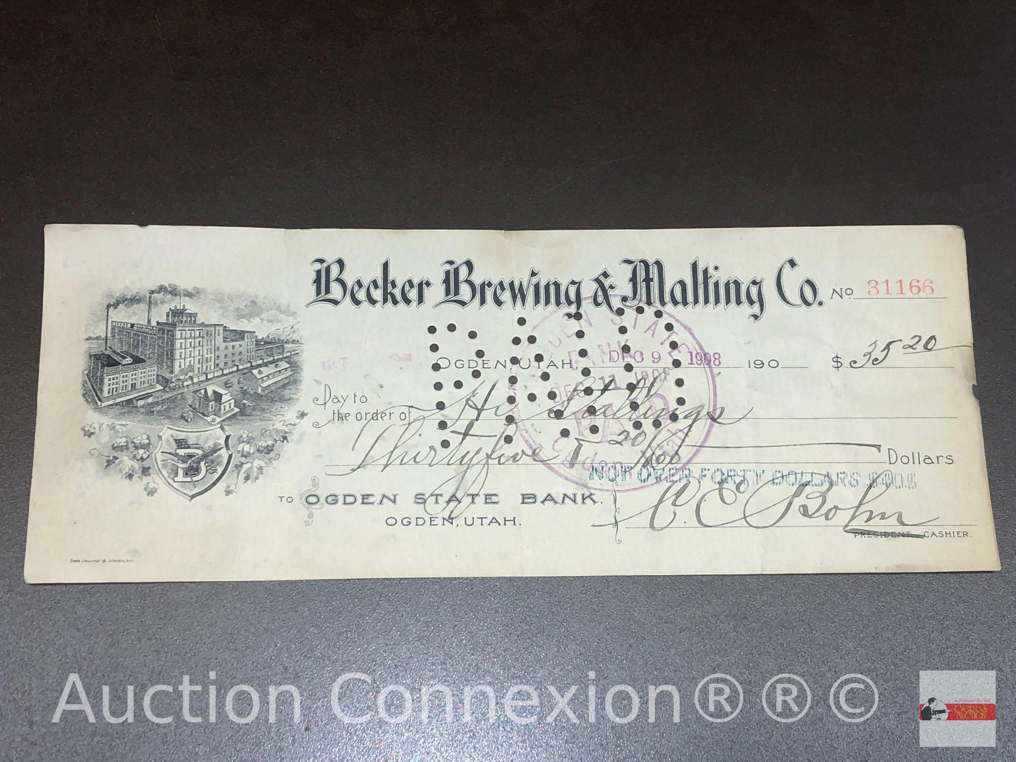 Ephemera - vintage late 1800's Utah checks, Becker Brewing & Malting