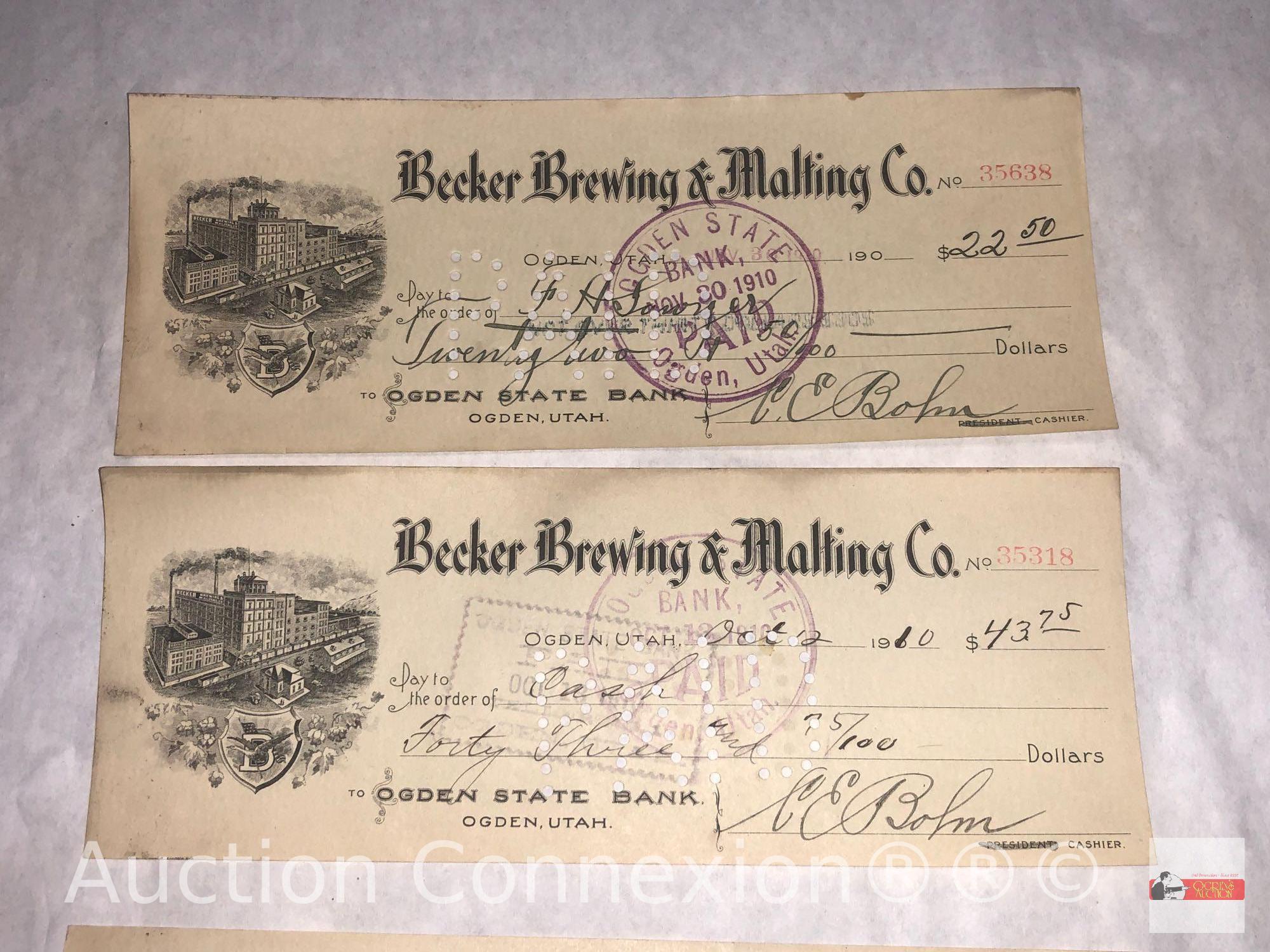 Ephemera - 10 early 1900's Utah, Ogden State Bank Checks, Becker Brewing & Malting Co.
