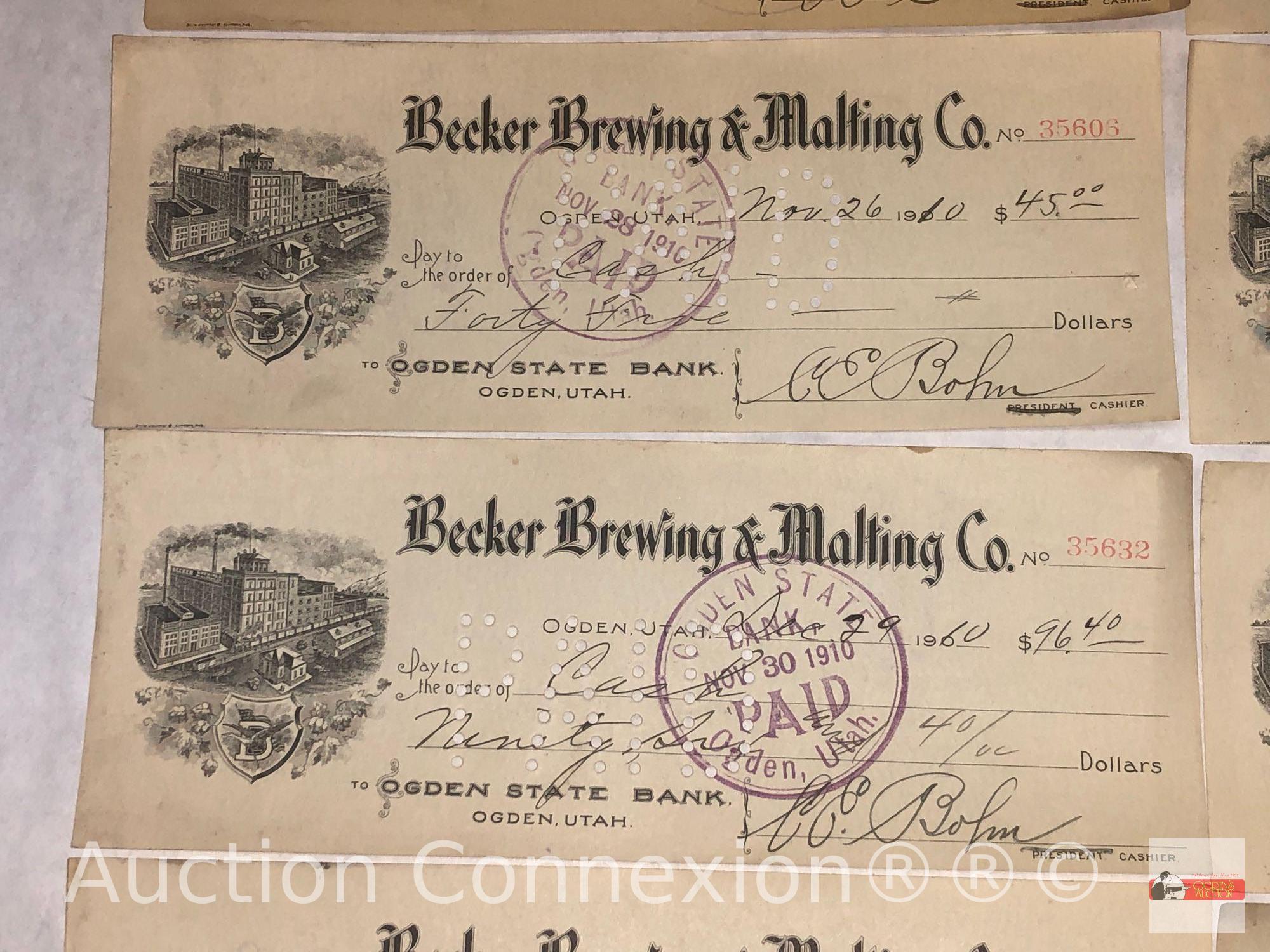 Ephemera - 14 early 1900's Utah, Ogden State Bank Checks, Becker Brewing & Malting Co.