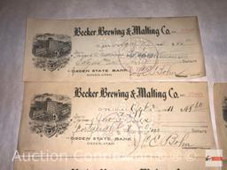 Ephemera - 10 early 1900's Utah, Ogden State Bank Checks, Becker Brewing & Malting Co.