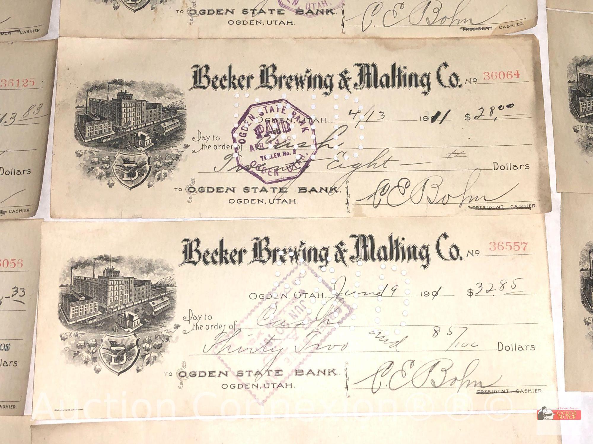 Ephemera - 35 early 1900's Utah, Ogden State Bank Checks, Becker Brewing & Malting Co.