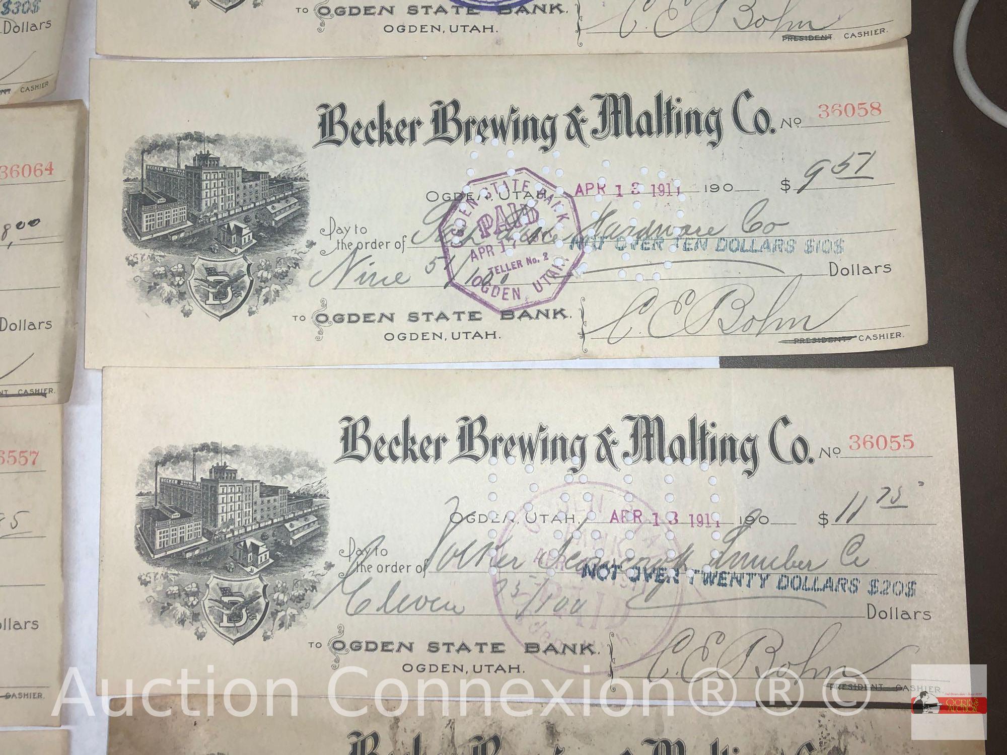 Ephemera - 35 early 1900's Utah, Ogden State Bank Checks, Becker Brewing & Malting Co.