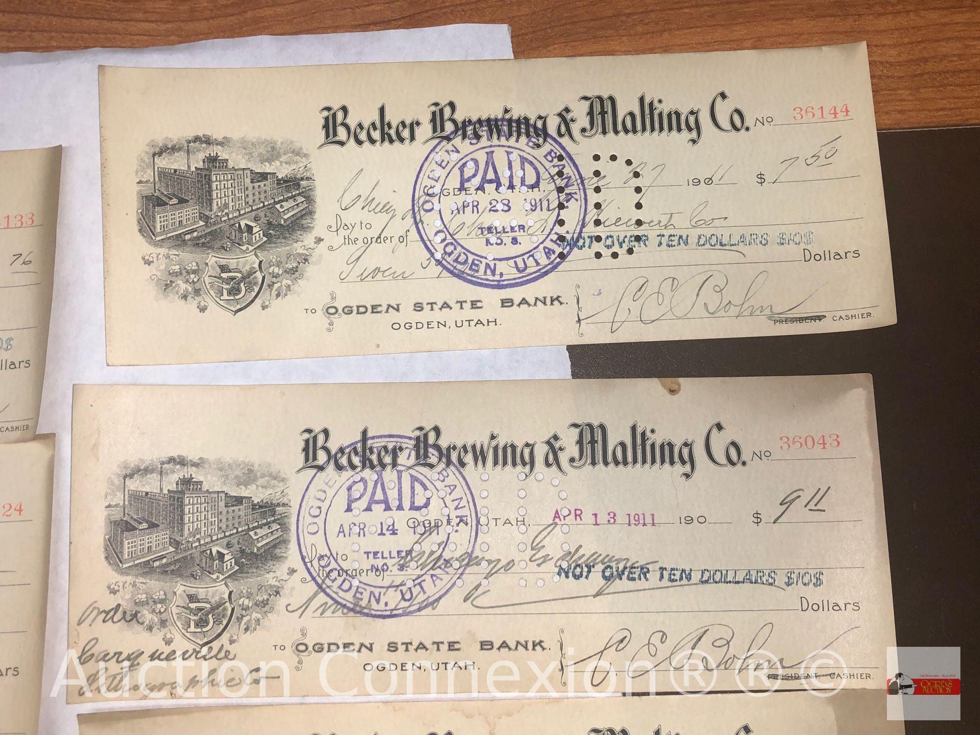 Ephemera - 35 early 1900's Utah, Ogden State Bank Checks, Becker Brewing & Malting Co.