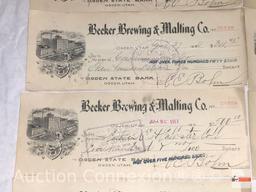 Ephemera - 35 early 1900's Utah, Ogden State Bank Checks, Becker Brewing & Malting Co.