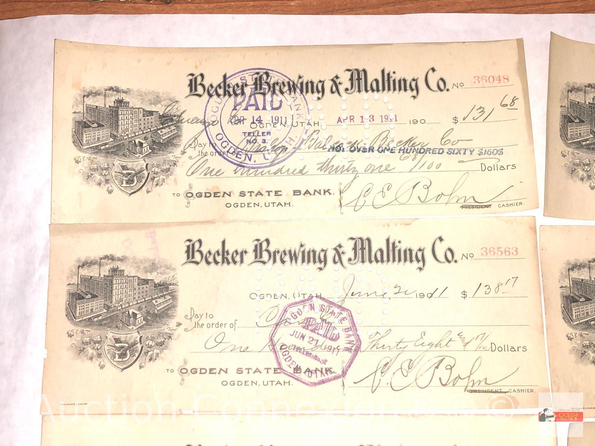 Ephemera - 35 early 1900's Utah, Ogden State Bank Checks, Becker Brewing & Malting Co.