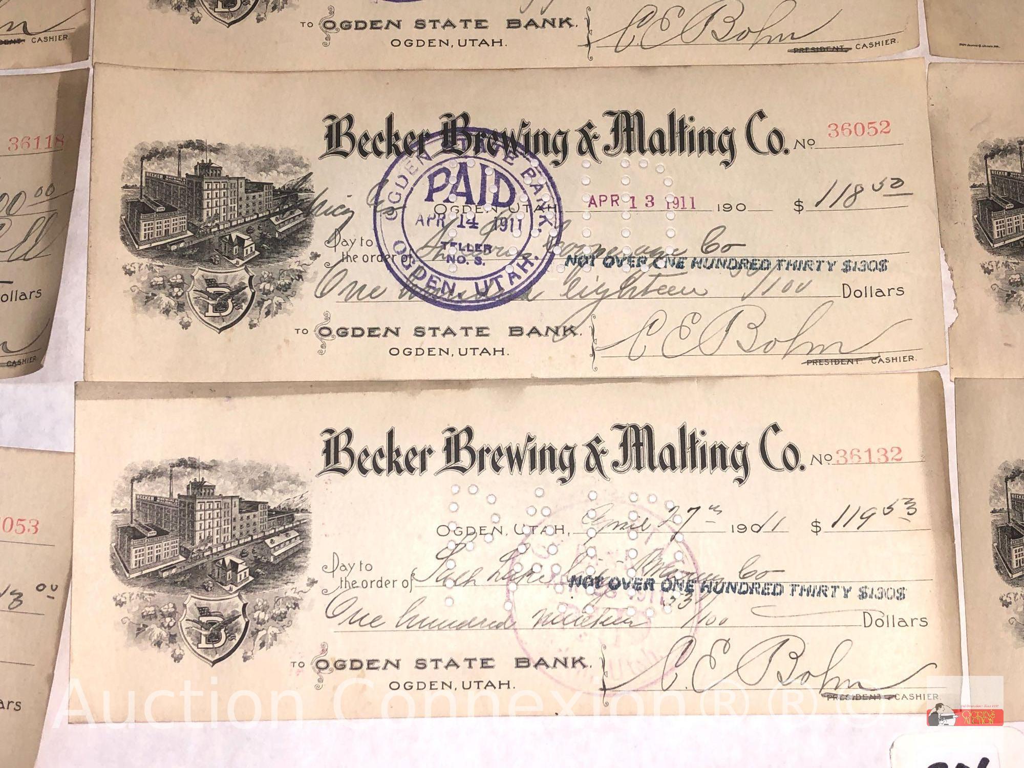 Ephemera - 35 early 1900's Utah, Ogden State Bank Checks, Becker Brewing & Malting Co.