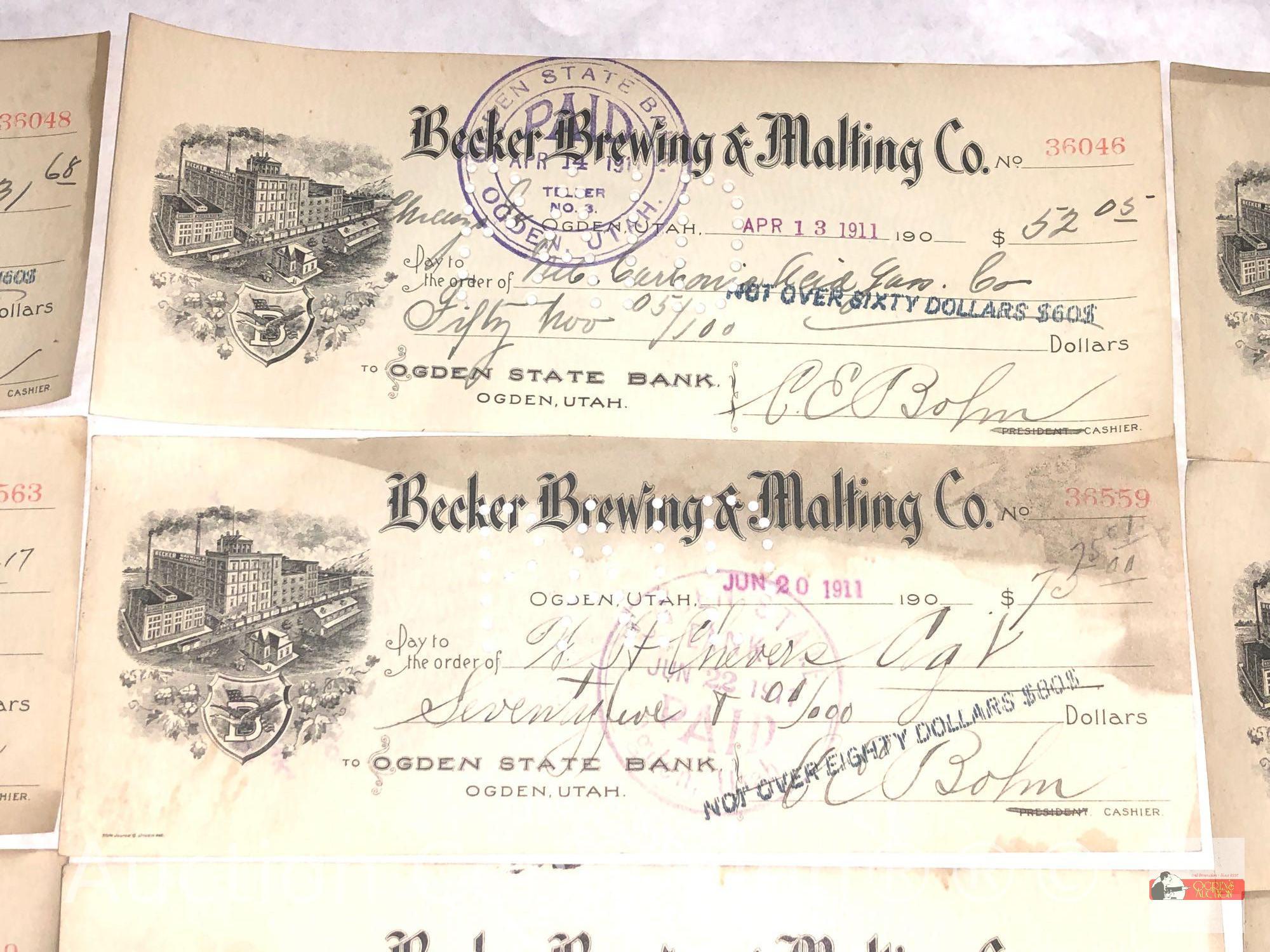 Ephemera - 35 early 1900's Utah, Ogden State Bank Checks, Becker Brewing & Malting Co.