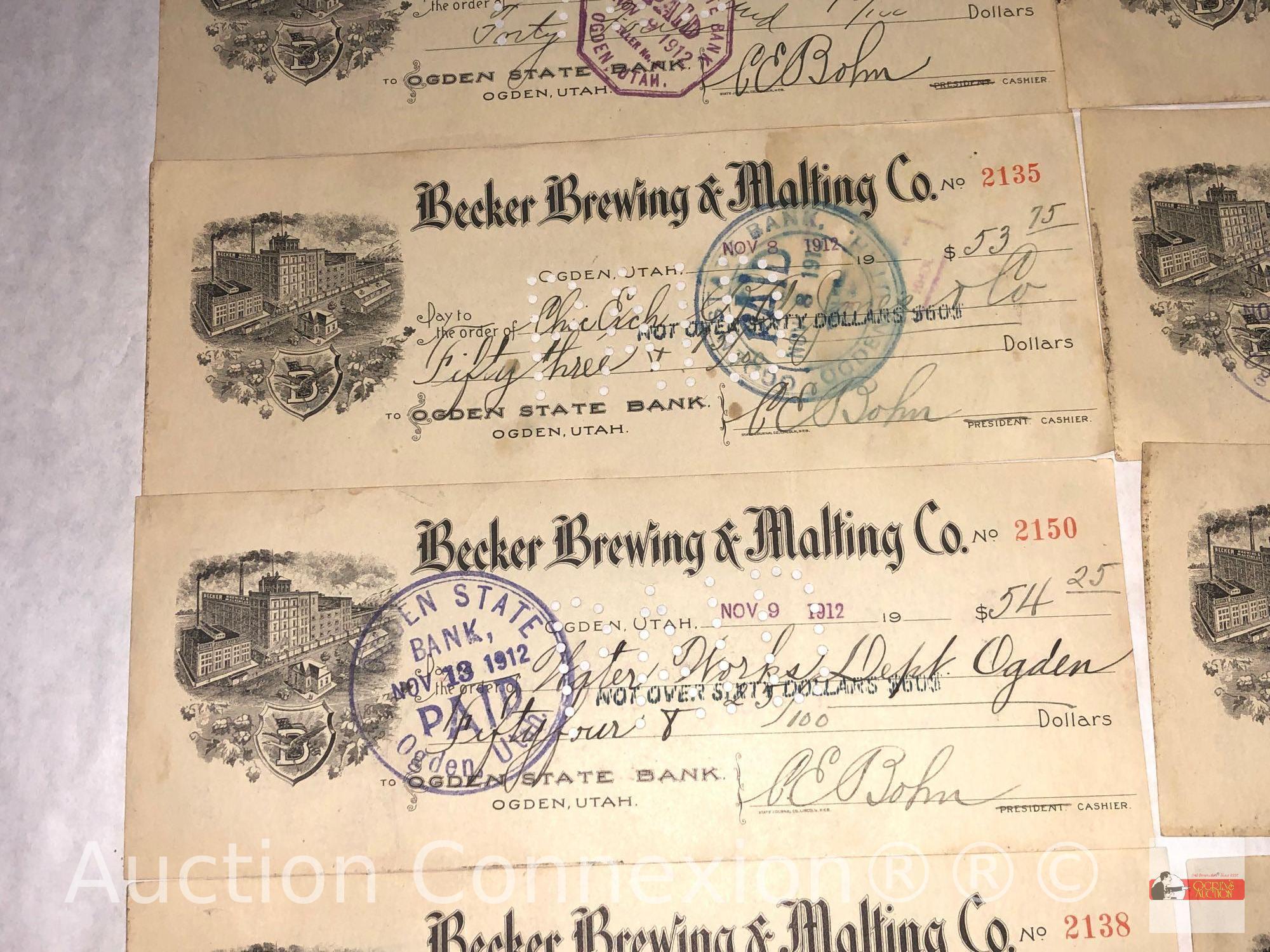 Ephemera - 11 early 1900's Utah, Ogden State Bank Checks, Becker Brewing & Malting Co.