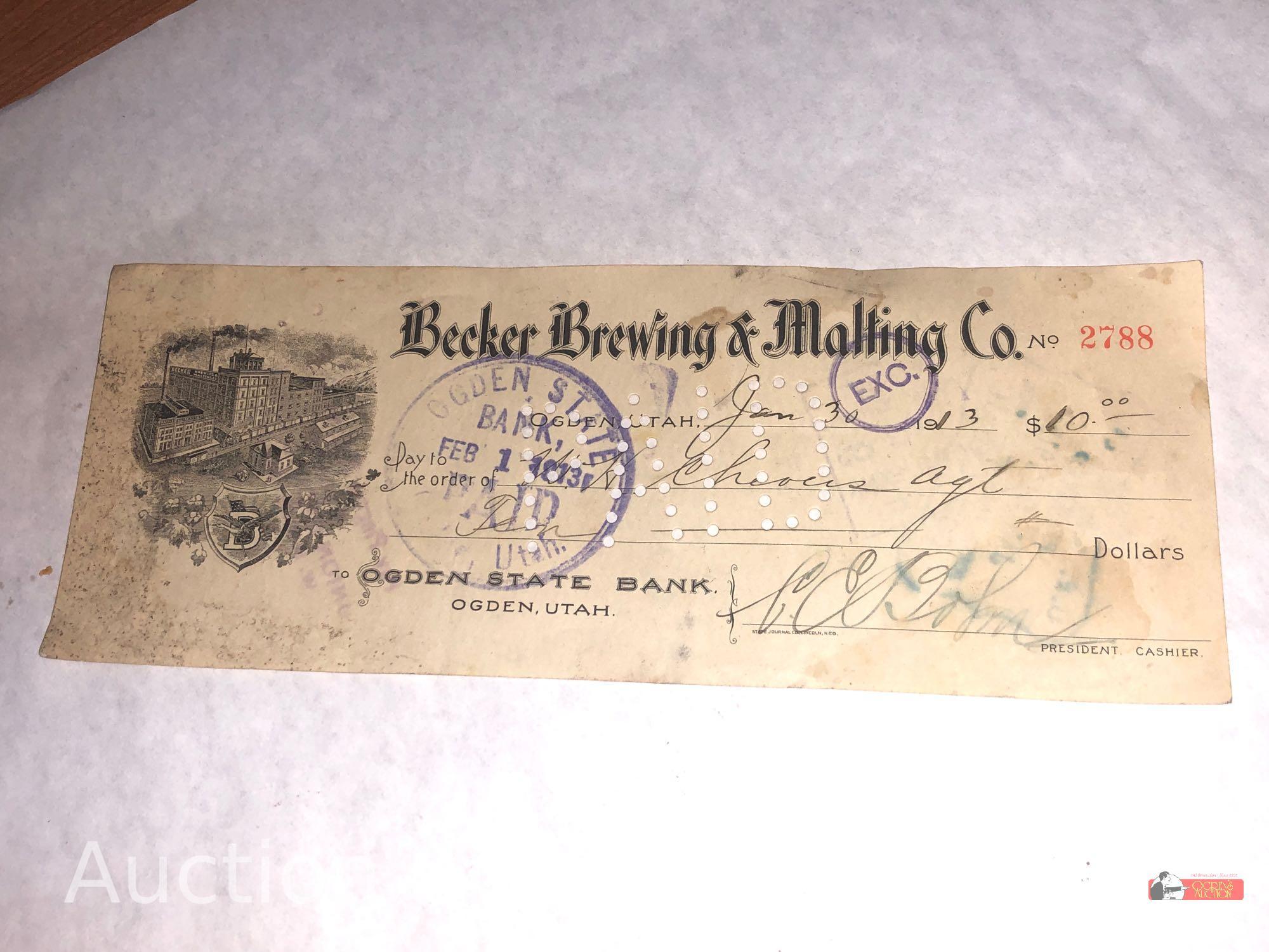 Ephemera - 11 early 1900's Utah, Ogden State Bank Checks, Becker Brewing & Malting Co.