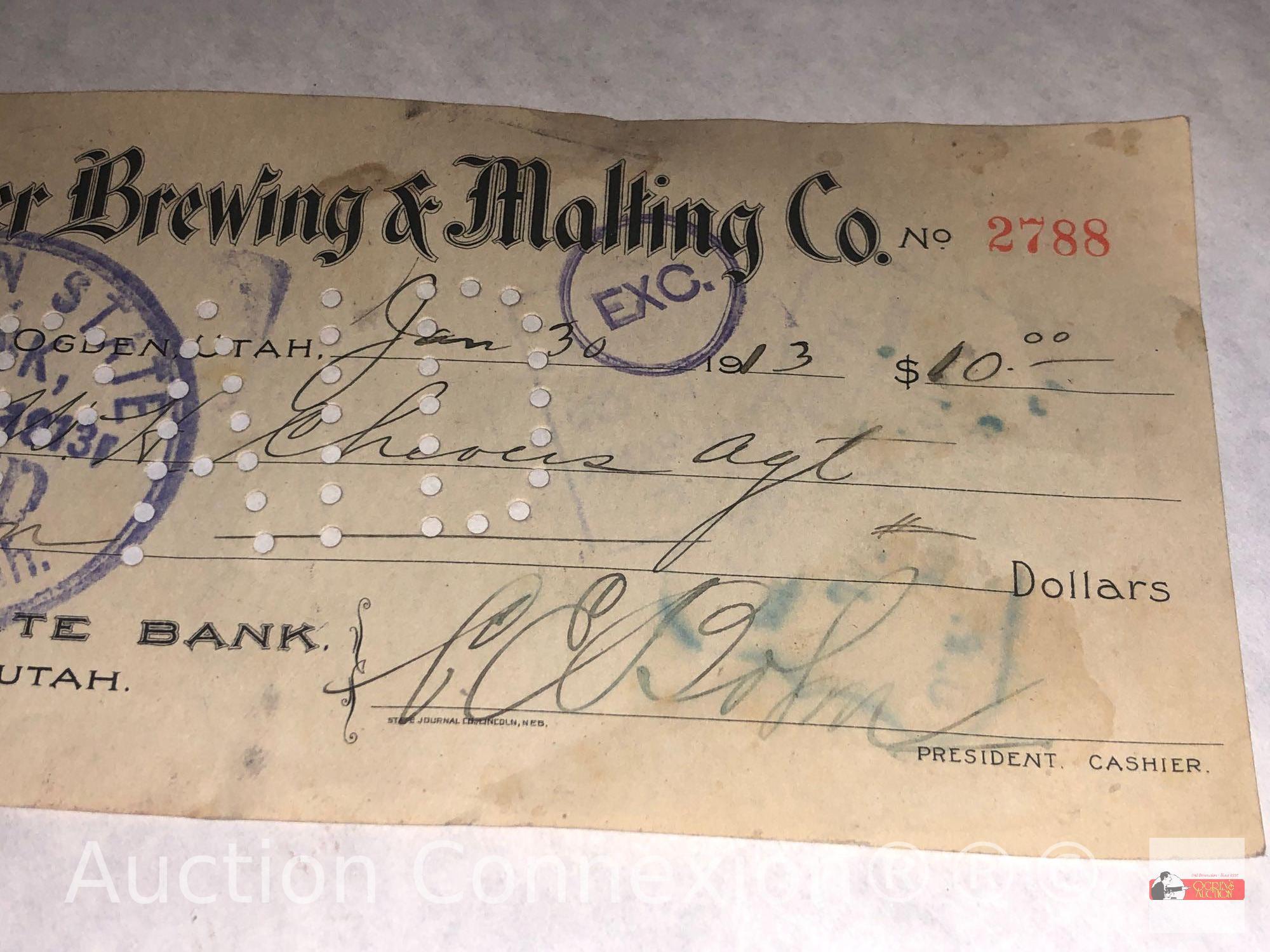 Ephemera - 11 early 1900's Utah, Ogden State Bank Checks, Becker Brewing & Malting Co.