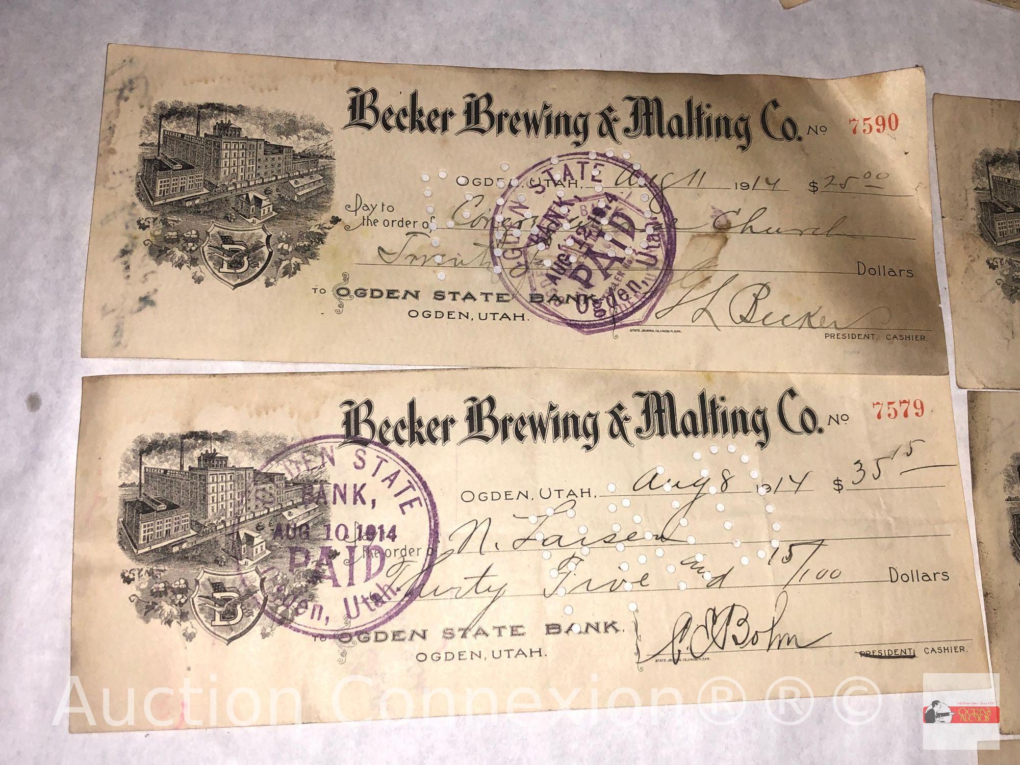 Ephemera - 22, 1914-1915 Utah, Ogden State Bank Checks, Becker Brewing & Malting Co.
