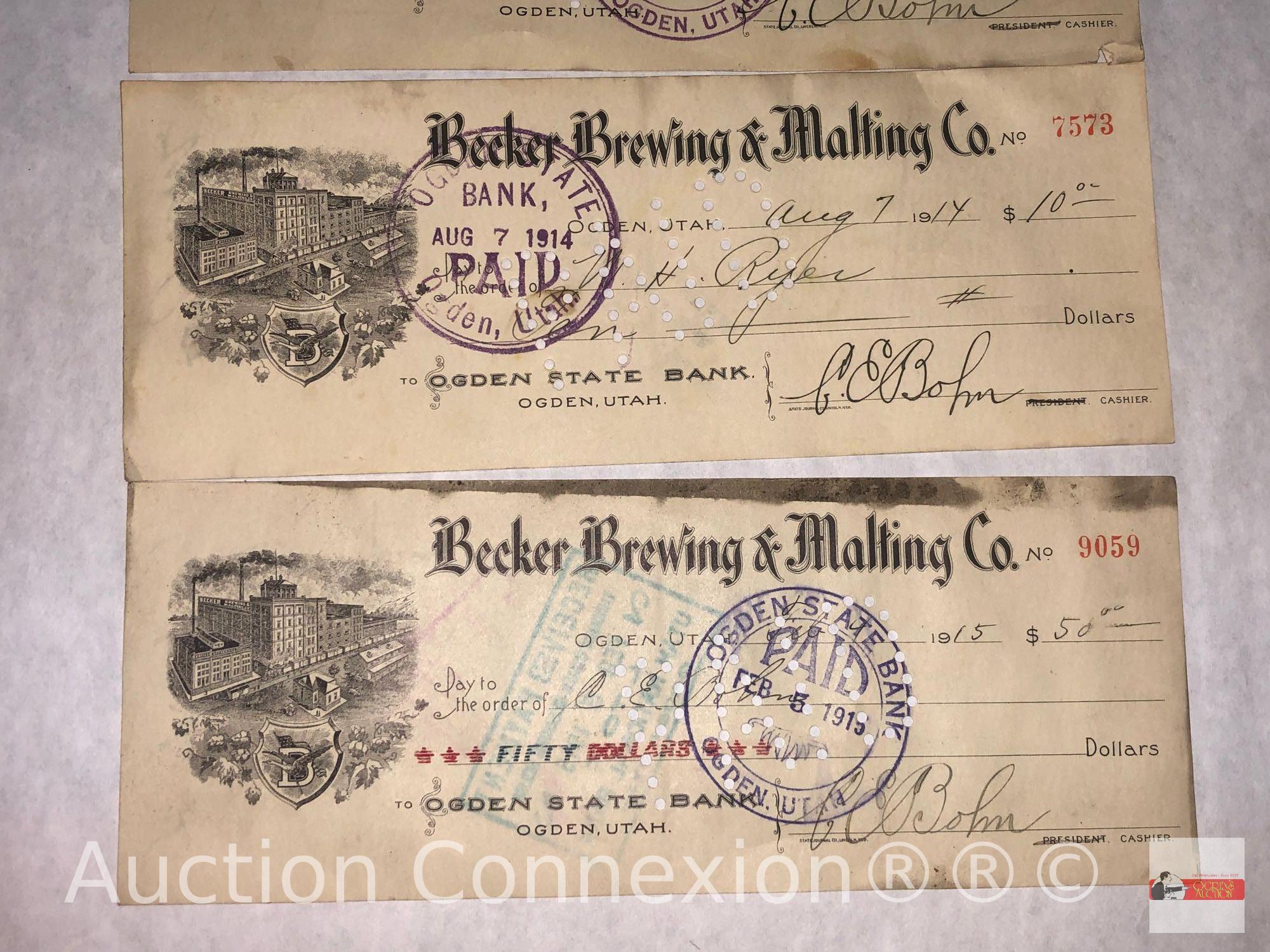 Ephemera - 22, 1914-1915 Utah, Ogden State Bank Checks, Becker Brewing & Malting Co.