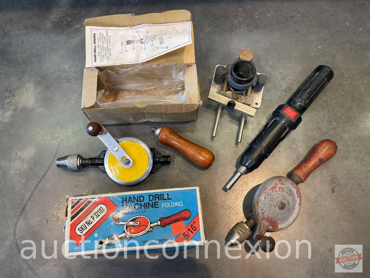 Tools - 2 vintage hand drills and battery op. drill w/jig