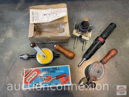 Tools - 2 vintage hand drills and battery op. drill w/jig