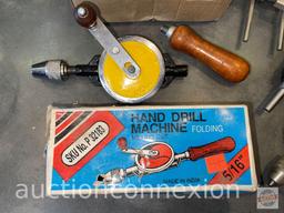Tools - 2 vintage hand drills and battery op. drill w/jig