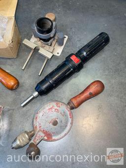 Tools - 2 vintage hand drills and battery op. drill w/jig