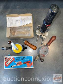 Tools - 2 vintage hand drills and battery op. drill w/jig