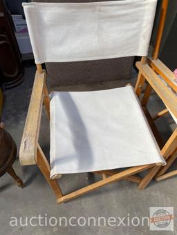 2 director style folding chairs ( 1 missing back material) and 2 throw pillows