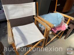 2 director style folding chairs ( 1 missing back material) and 2 throw pillows