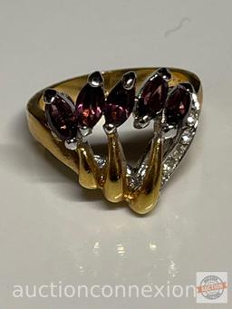 Jewelry - Fashion Cocktail Ring, 14k gold electroplated cubic zirconia, 2 tone band, 5 purple stones