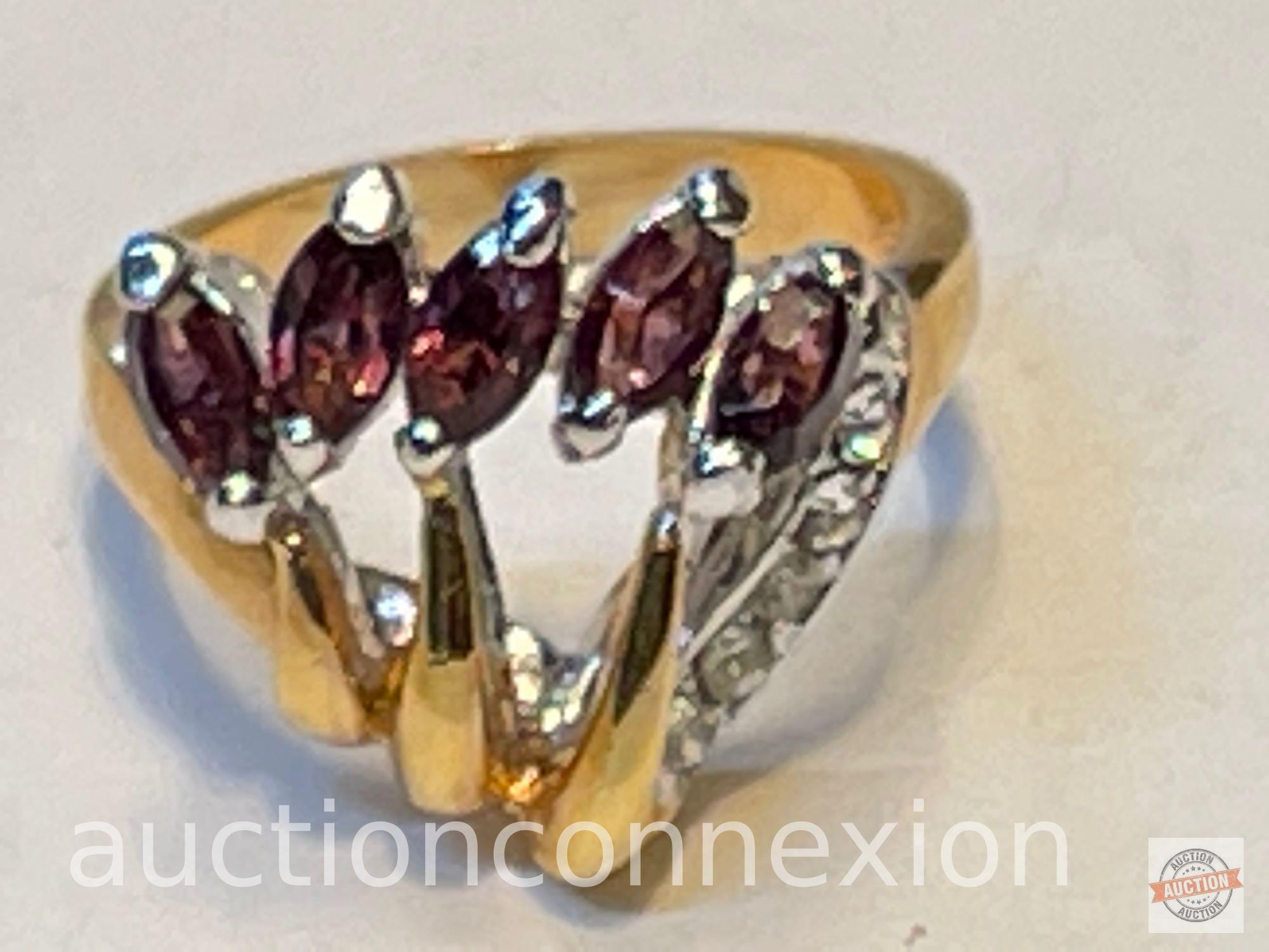 Jewelry - Fashion Cocktail Ring, 14k gold electroplated cubic zirconia, 2 tone band, 5 purple stones