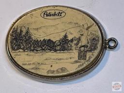 Scrimshaw - 2 - Resin oval pendant "Peterbuilt" by Barlow w/ fly fishing scene 1.75" and bone carv