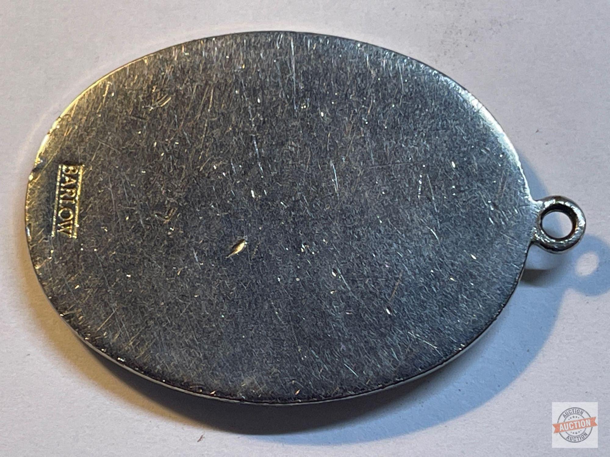 Scrimshaw - 2 - Resin oval pendant "Peterbuilt" by Barlow w/ fly fishing scene 1.75" and bone carv