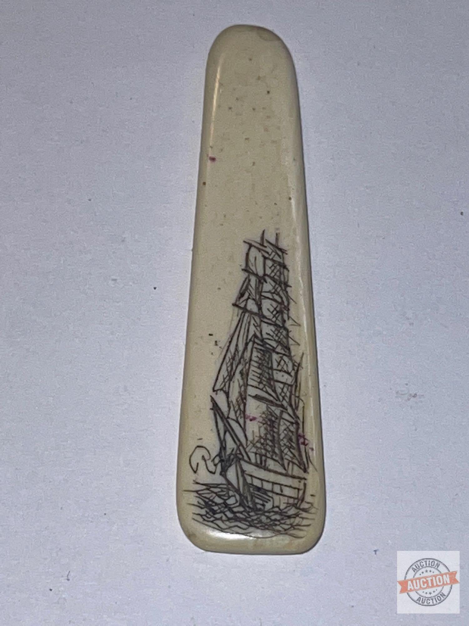 Scrimshaw - 2 - Resin oval pendant "Peterbuilt" by Barlow w/ fly fishing scene 1.75" and bone carv